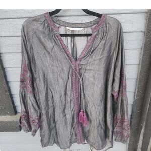Boho Black Chambray Sz Large Long Sleeve Purple  Embroidered Blouse